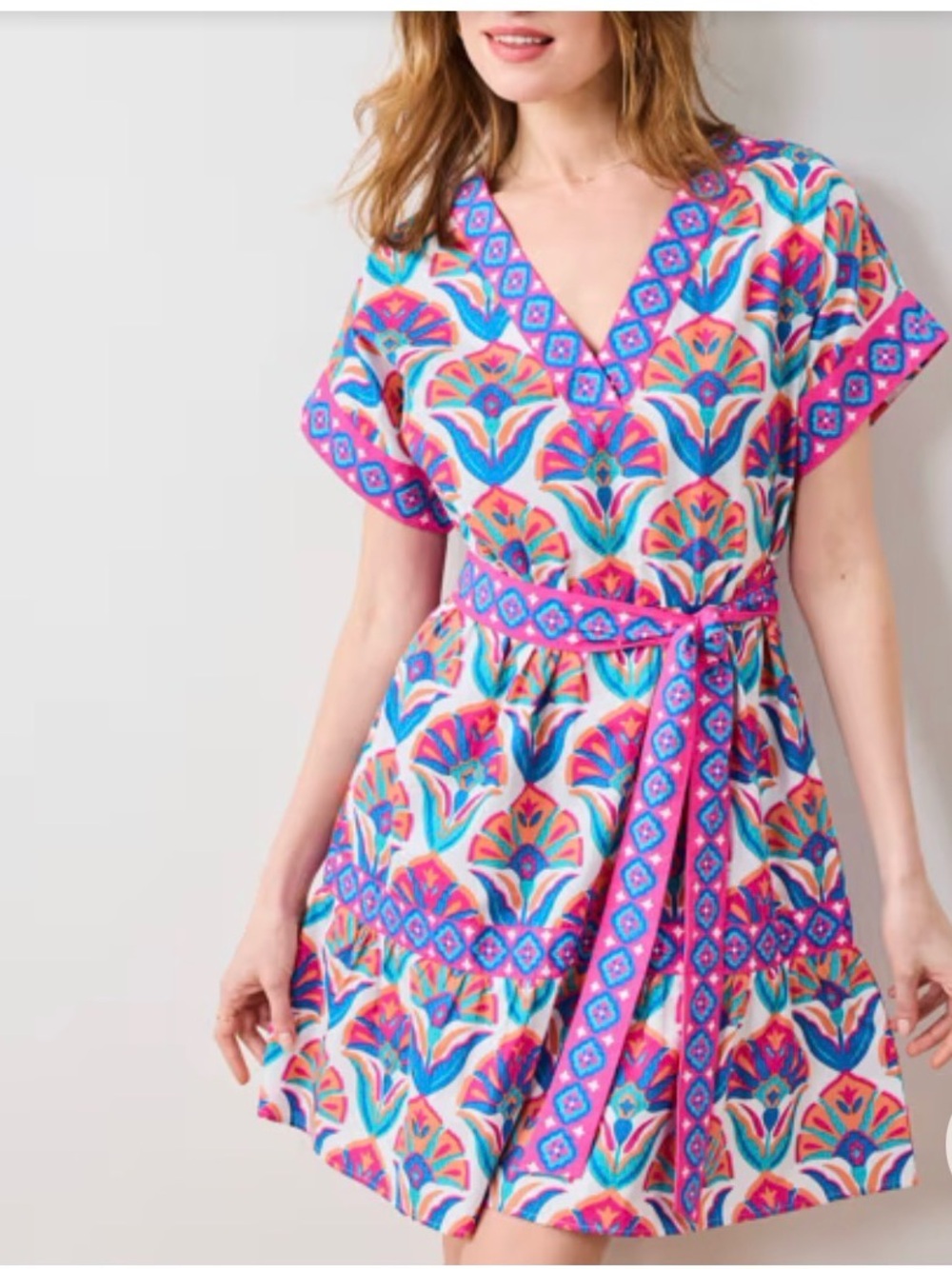 Printfresh Geometric Pink and Blue Floral V-Neck Tie-Waist Dress